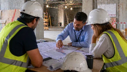 Project management site meeting in progress on a UAE fit-out project, showing the PM-chaired progress review that is central to delivery governance on construction and fit-out projects.